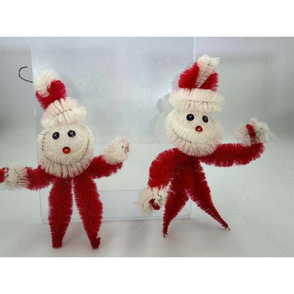 Vintage Pipe Cleaner Santa Gnome Elf 5" Ornaments Set of 2 Christmas Decor Red